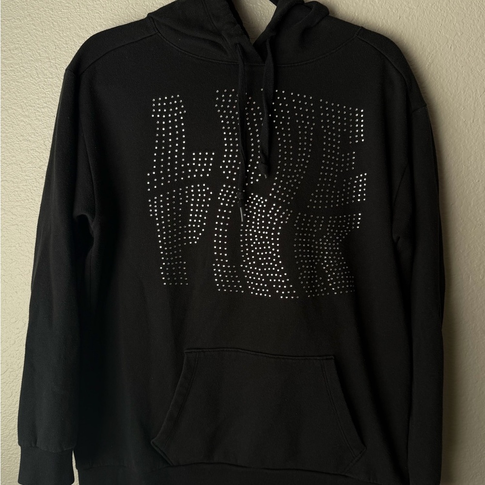 PINK Victoria's Secret Black Hoodie with Studded 'LIVE FREE' Graphic